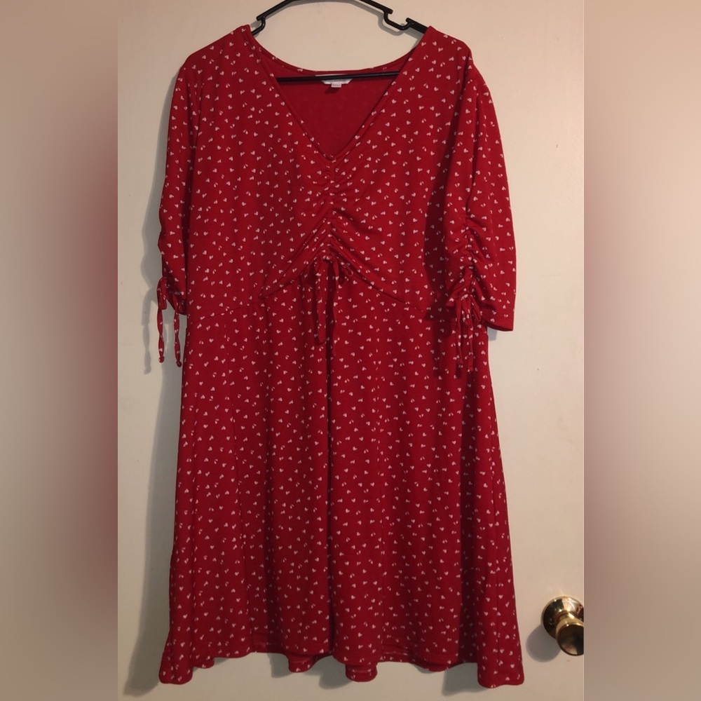 LC Lauren Conrad Red V-Neck Ruched Midi Dress with Tiny White Hearts